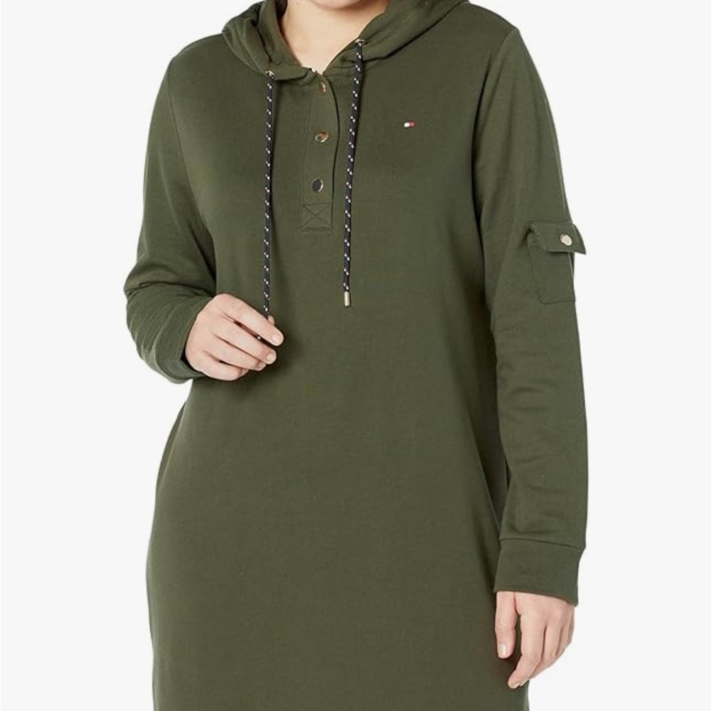 Tommy Hilfiger french terry snap hoodie dress pull strings camo arm pocket L